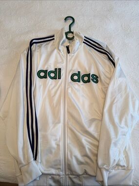 adidas White Track Jacket with Navy Stripes and Green Logo